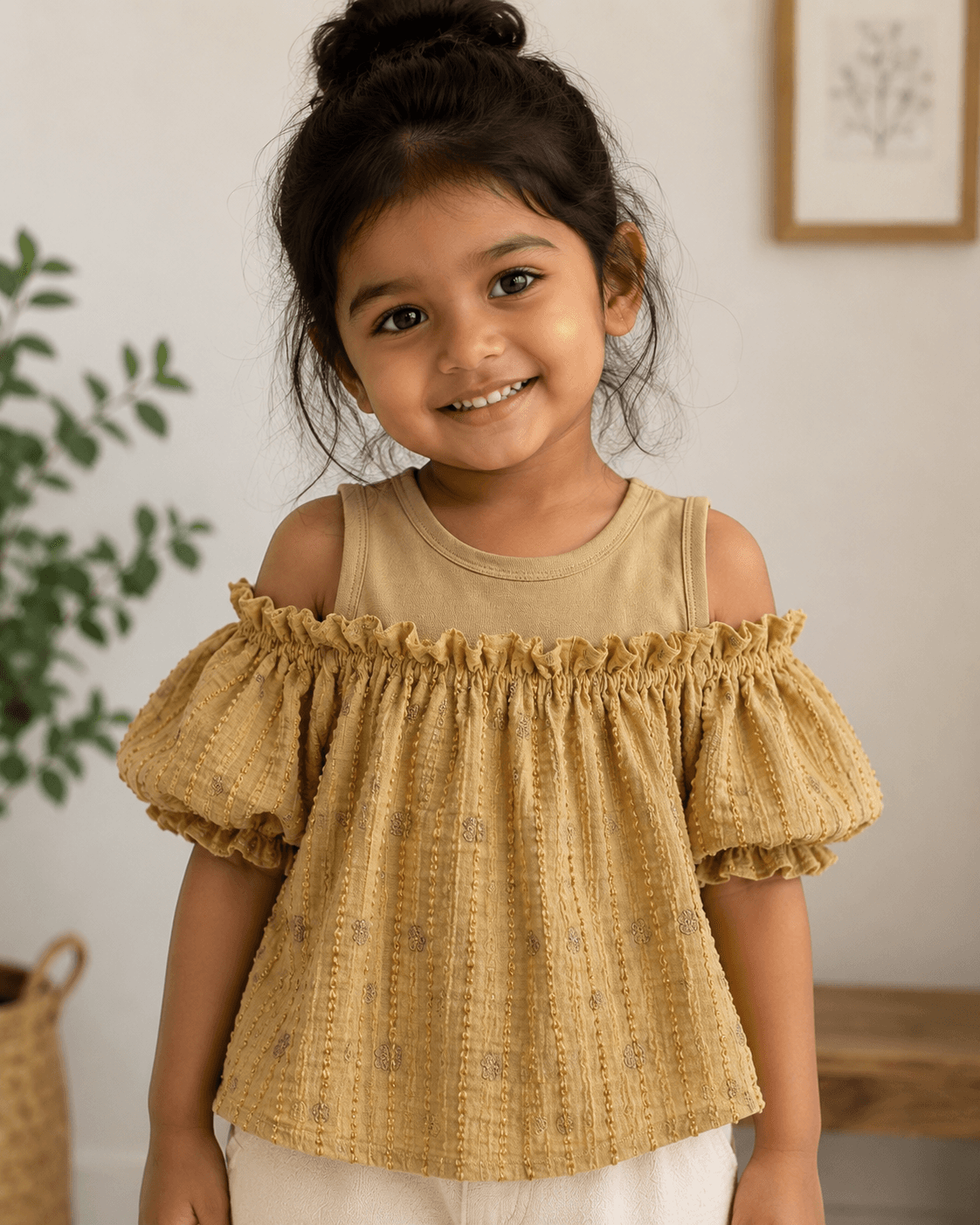 Baby Girls Cold Shoulder Cotton Top – Beige & Coffee Brown
