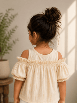 Baby Girls Cold Shoulder Cotton Top – Beige & Coffee Brown