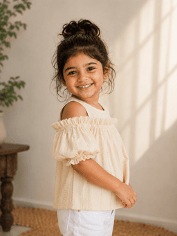 Baby Girls Cold Shoulder Cotton Top – Beige & Coffee Brown