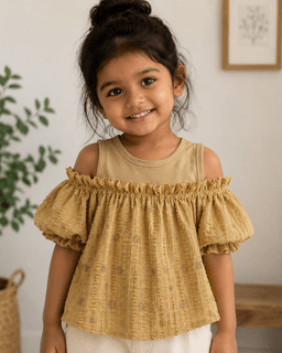 Baby Girls Cold Shoulder Cotton Top – Beige & Coffee Brown