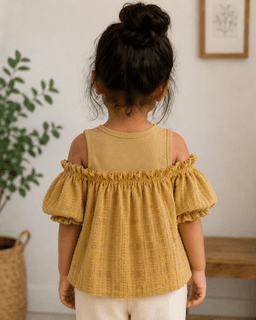 Baby Girls Cold Shoulder Cotton Top – Beige & Coffee Brown