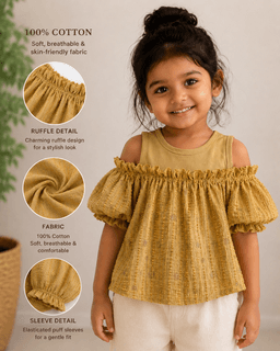 Baby Girls Cold Shoulder Cotton Top – Beige & Coffee Brown