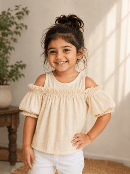 Baby Girls Cold Shoulder Cotton Top – Beige & Coffee Brown
