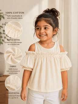 Baby Girls Cold Shoulder Cotton Top – Beige & Coffee Brown