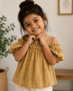 Baby Girls Cold Shoulder Cotton Top – Beige & Coffee Brown