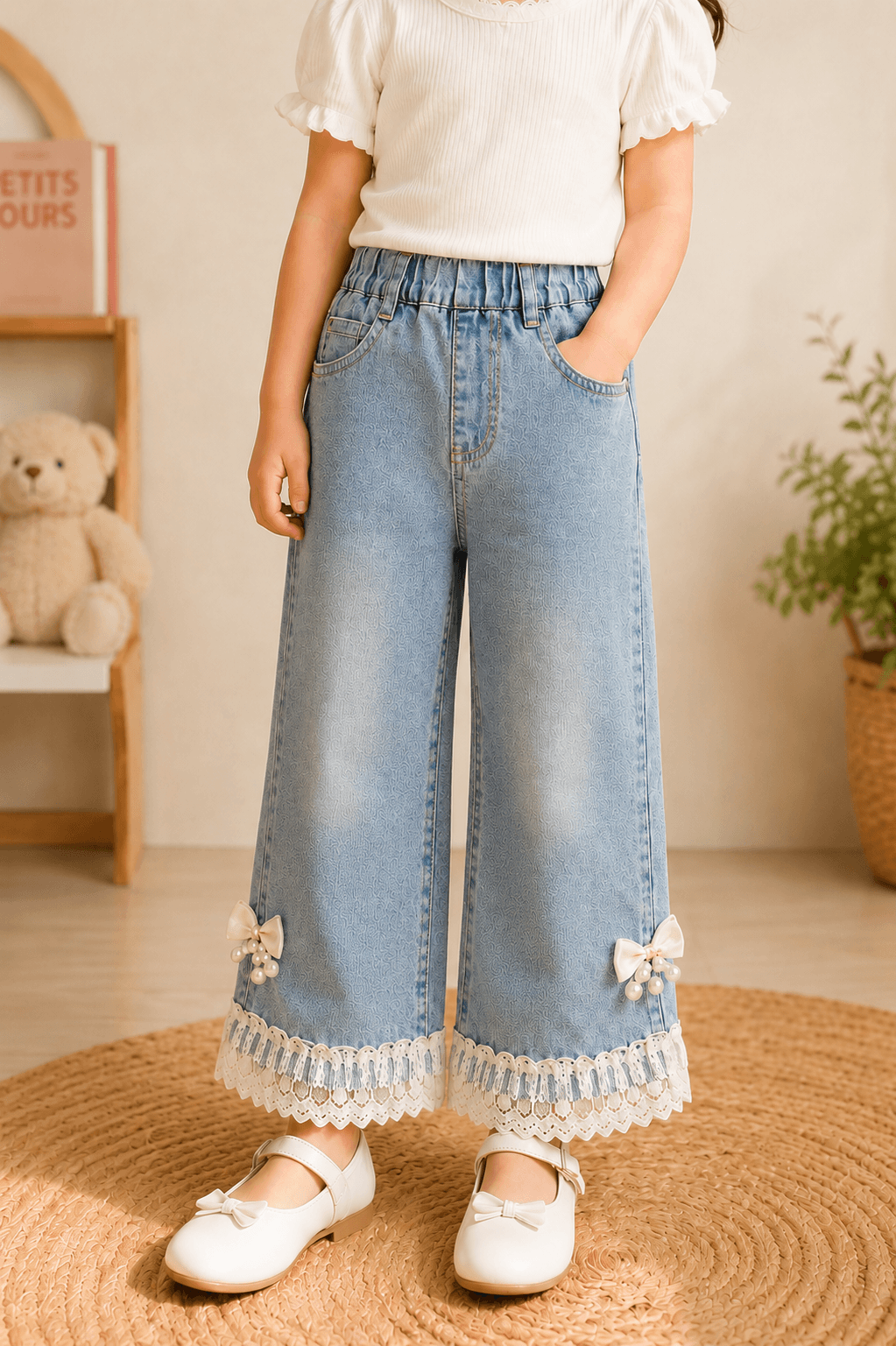 Baby Girls Washed Denim Pants with Lace Hem – Light Blue