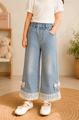 Baby Girls Washed Denim Pants with Lace Hem – Light Blue
