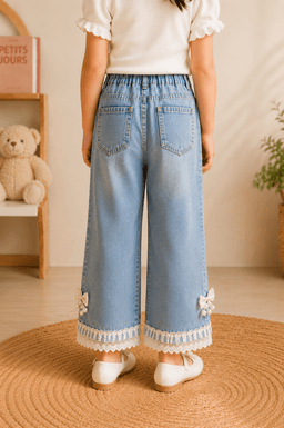 Baby Girls Washed Denim Pants with Lace Hem – Light Blue