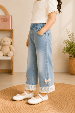 Baby Girls Washed Denim Pants with Lace Hem – Light Blue