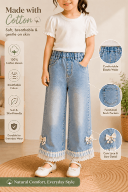 Baby Girls Washed Denim Pants with Lace Hem – Light Blue
