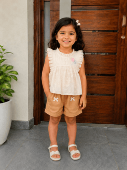 Baby Girls Embroidered Top & Shorts Set – Cream &Pink/Brown