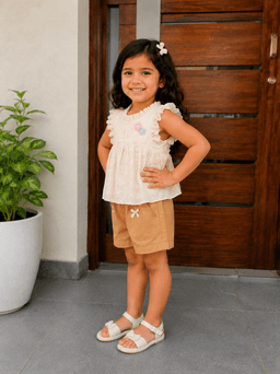 Baby Girls Embroidered Top & Shorts Set – Cream &Pink/Brown