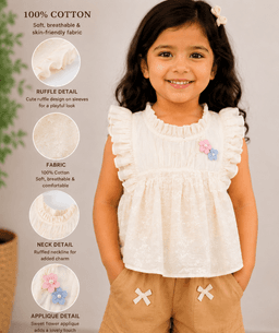 Baby Girls Embroidered Top & Shorts Set – Cream &Pink/Brown