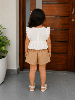 Baby Girls Embroidered Top & Shorts Set – Cream &Pink/Brown