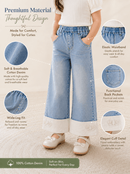 Baby Girls Washed Denim Jeans with Folded Hem – Light Blue