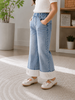 Baby Girls Washed Denim Jeans with Folded Hem – Light Blue
