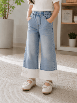 Baby Girls Washed Denim Jeans with Folded Hem – Light Blue