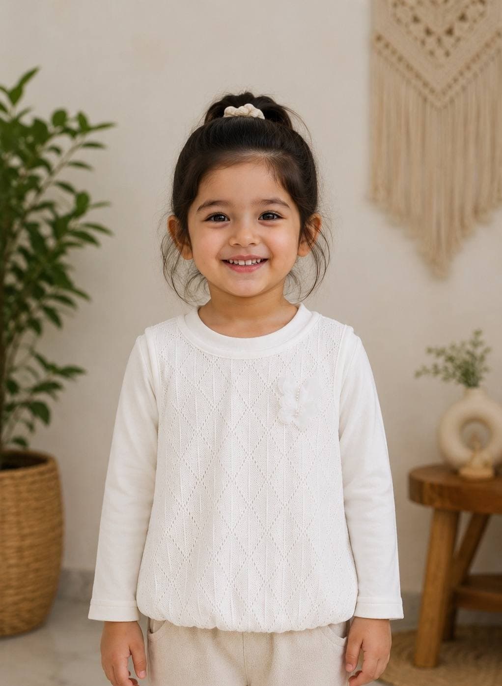 Kids Textured Cotton Blend Casual Top – Cream