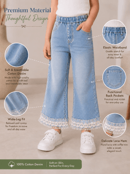 Baby Girls Wide Leg Washed Denim Jeans with Lace Hem – Light Blue
