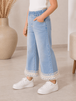 Baby Girls Wide Leg Washed Denim Jeans with Lace Hem – Light Blue