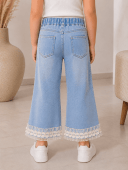 Baby Girls Wide Leg Washed Denim Jeans with Lace Hem – Light Blue
