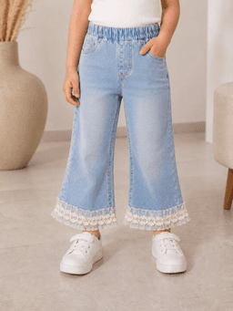 Baby Girls Wide Leg Washed Denim Jeans with Lace Hem – Light Blue