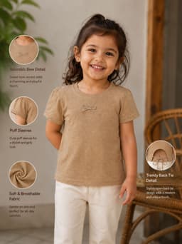 Peppy Orange Baby Girls Cotton Blend Bow Detail Half Sleeve Top | Camel Brown