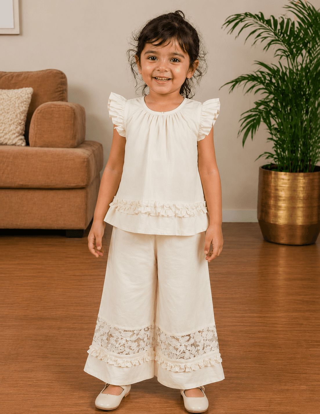 Peppy Orange Baby Girls 100% Cotton Sleeveless Lace Detail Bodysuit | Beige