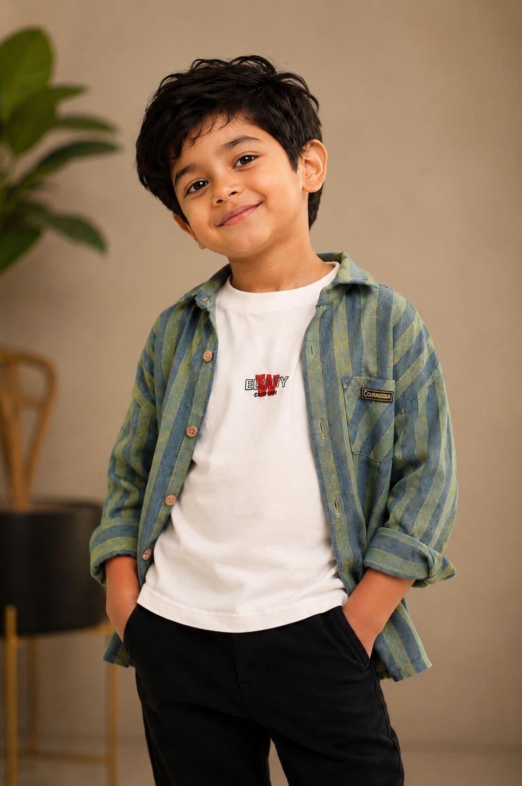 Peppy Orange Boys Green Blue Stripe Cotton Overshirt & White Full Sleeve T-Shirt Combo Set