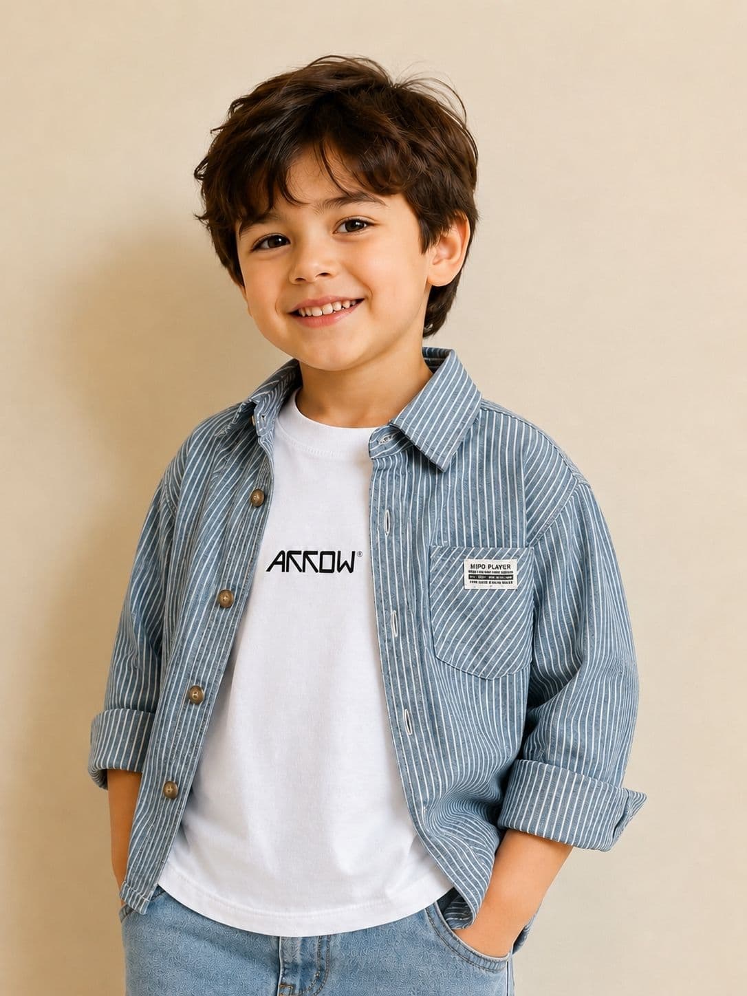 Peppy Orange Boys Blue Stripe Cotton Overshirt & White Full Sleeve T-Shirt Combo Set