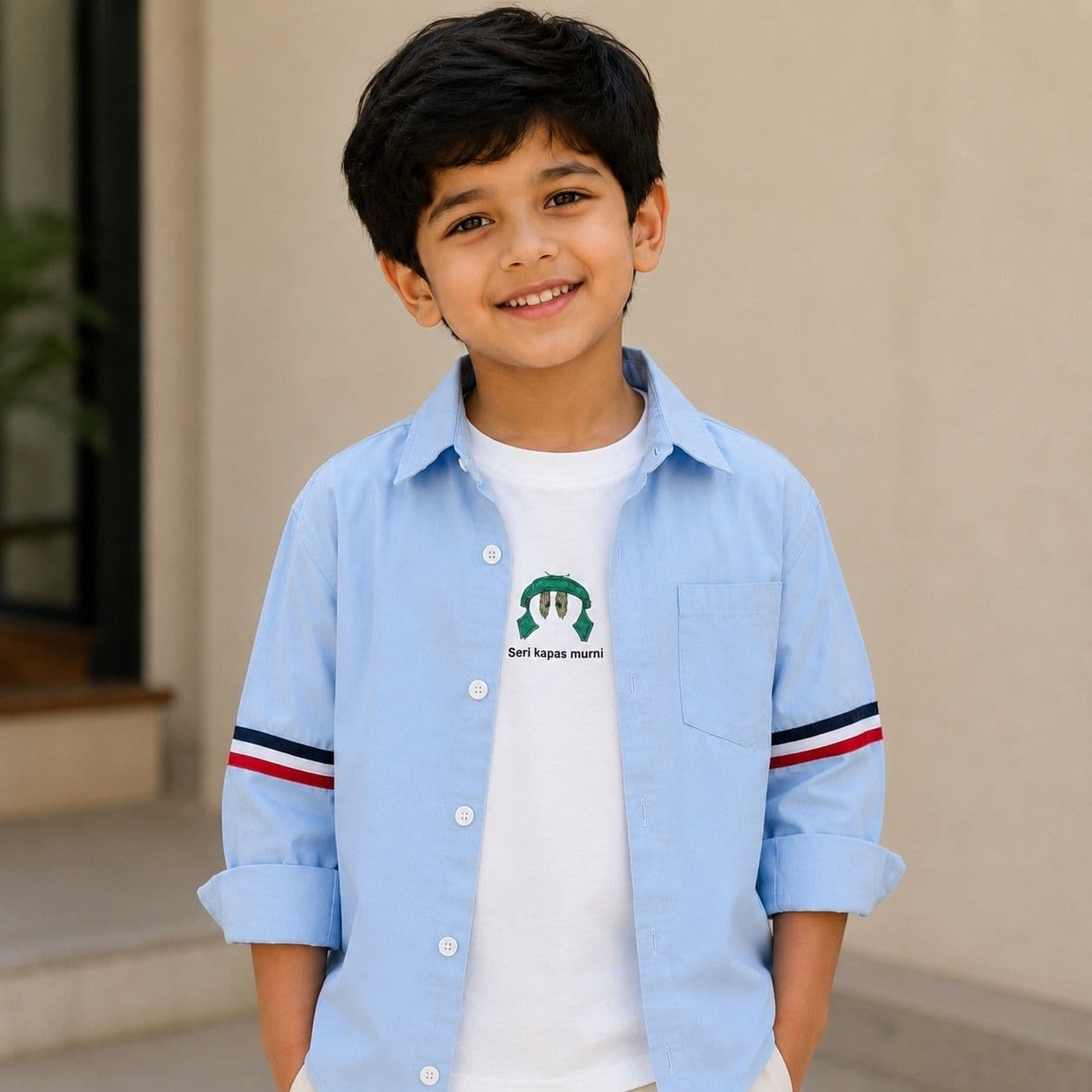 Peppy Orange Boys Sky Blue Cotton Overshirt & White Full Sleeve T-Shirt Combo Set
