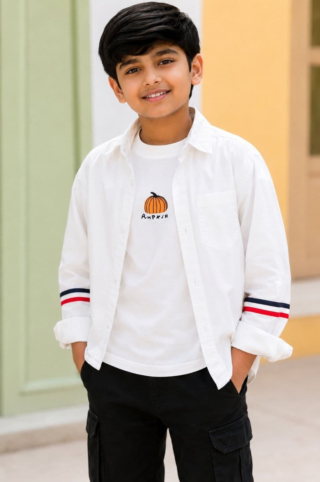 Peppy Orange Boys White Cotton Overshirt & White Full Sleeve T-Shirt Combo Set