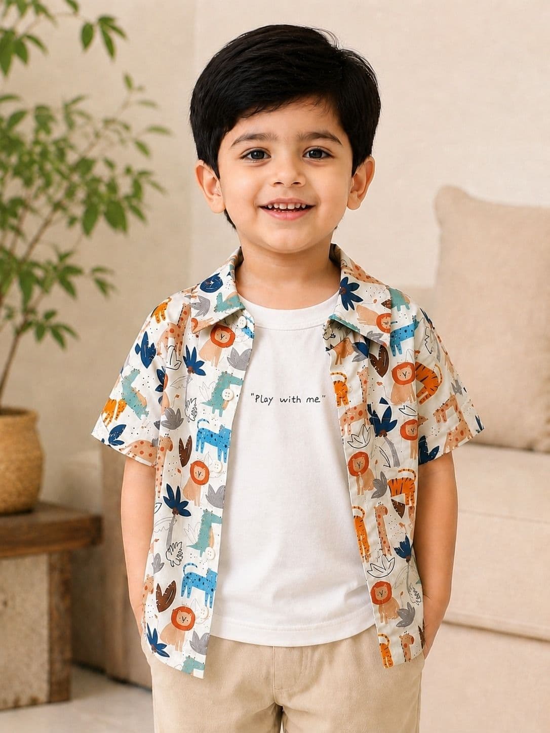 Peppy Orange Boys Animal Print Cotton Shirt & White Sleeveless T-Shirt Combo Set