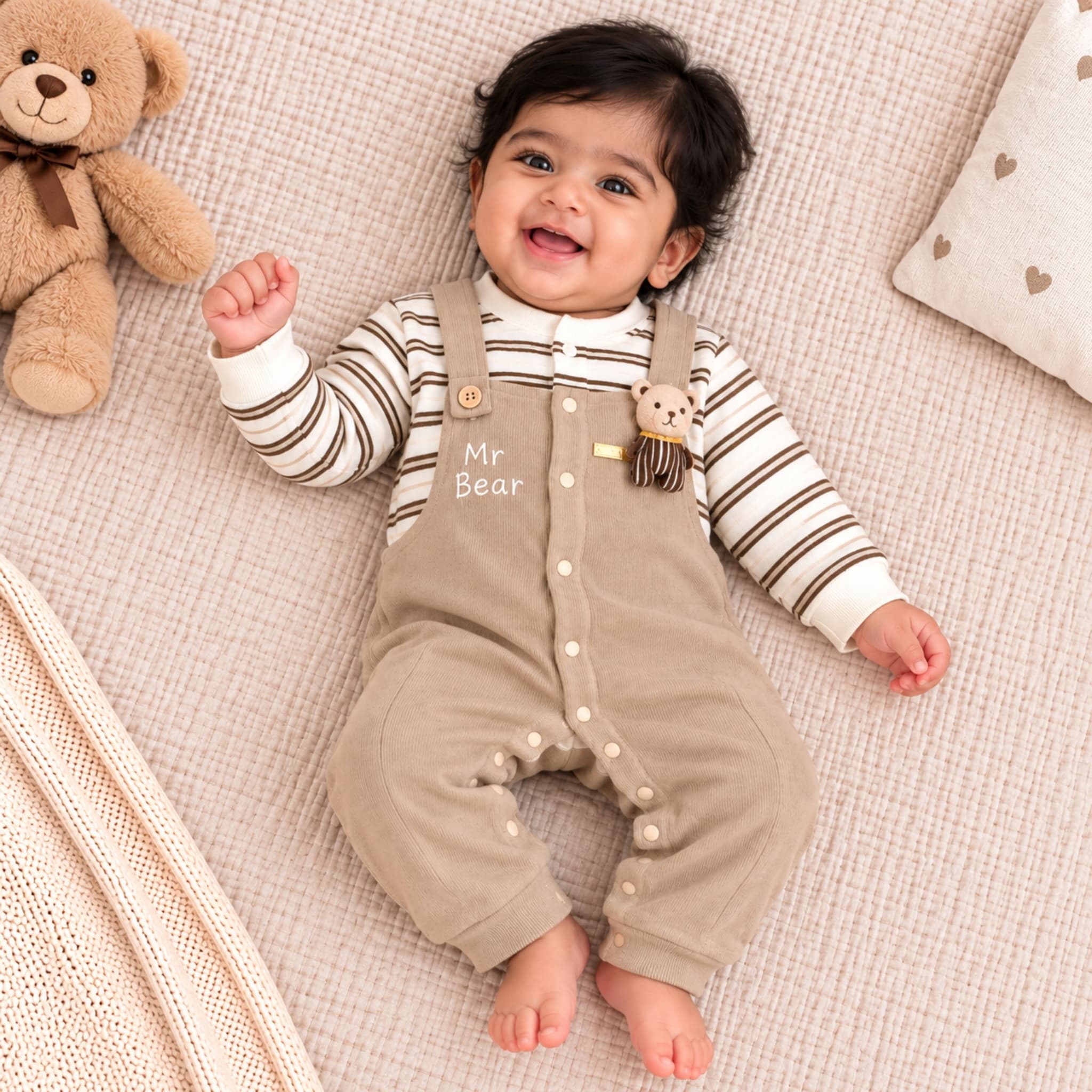 Peppy Orange Unisex Baby Dungaree Set with Full Sleeve Striped T-Shirt | Soft & Comfortable Overall Set | Beige | Cotton Wool Blend