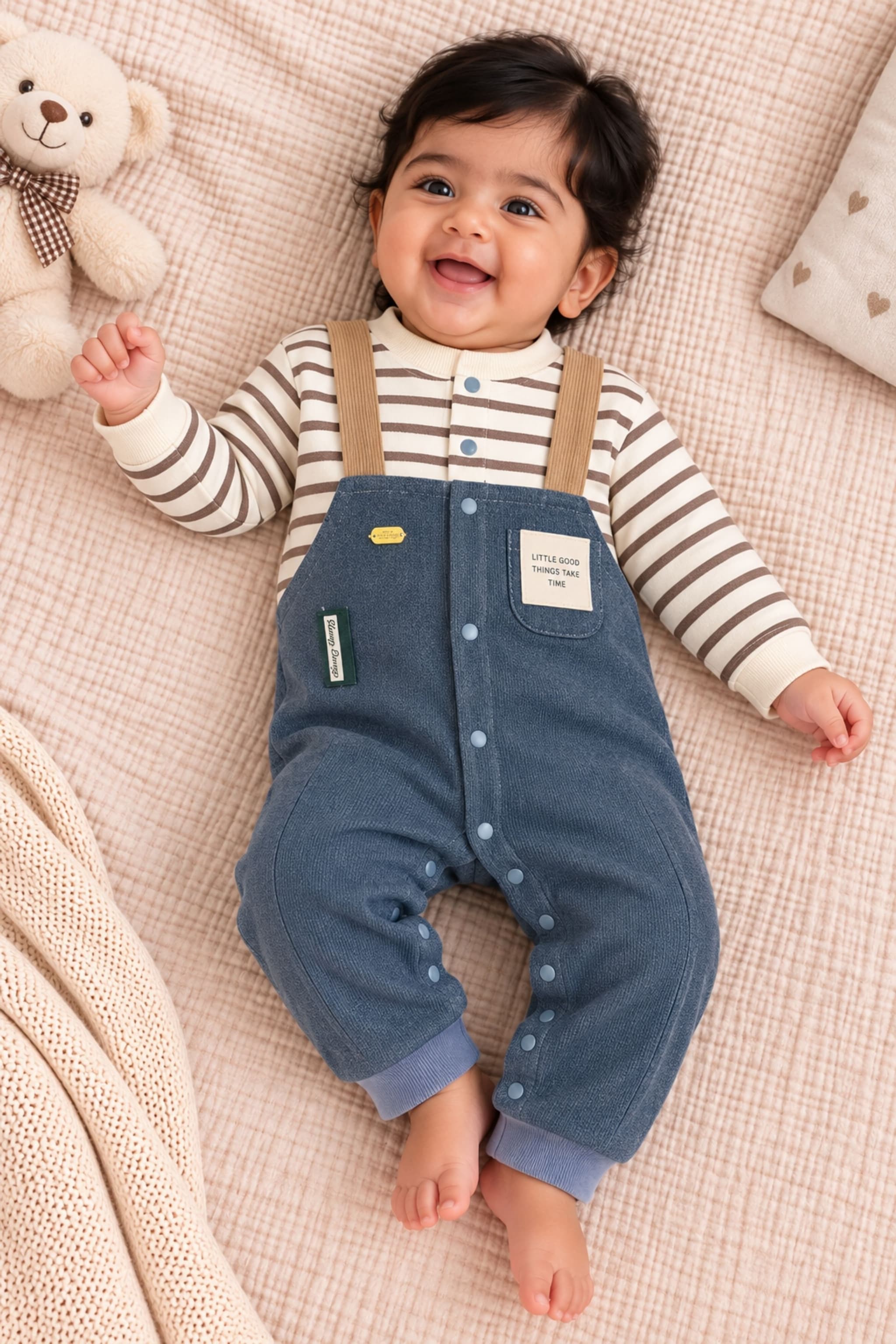 Peppy Orange Unisex Baby Dungaree Set with Striped Full Sleeve Top | Soft & Comfortable Outfit for Boys & Girls | Cotton Wool Blend