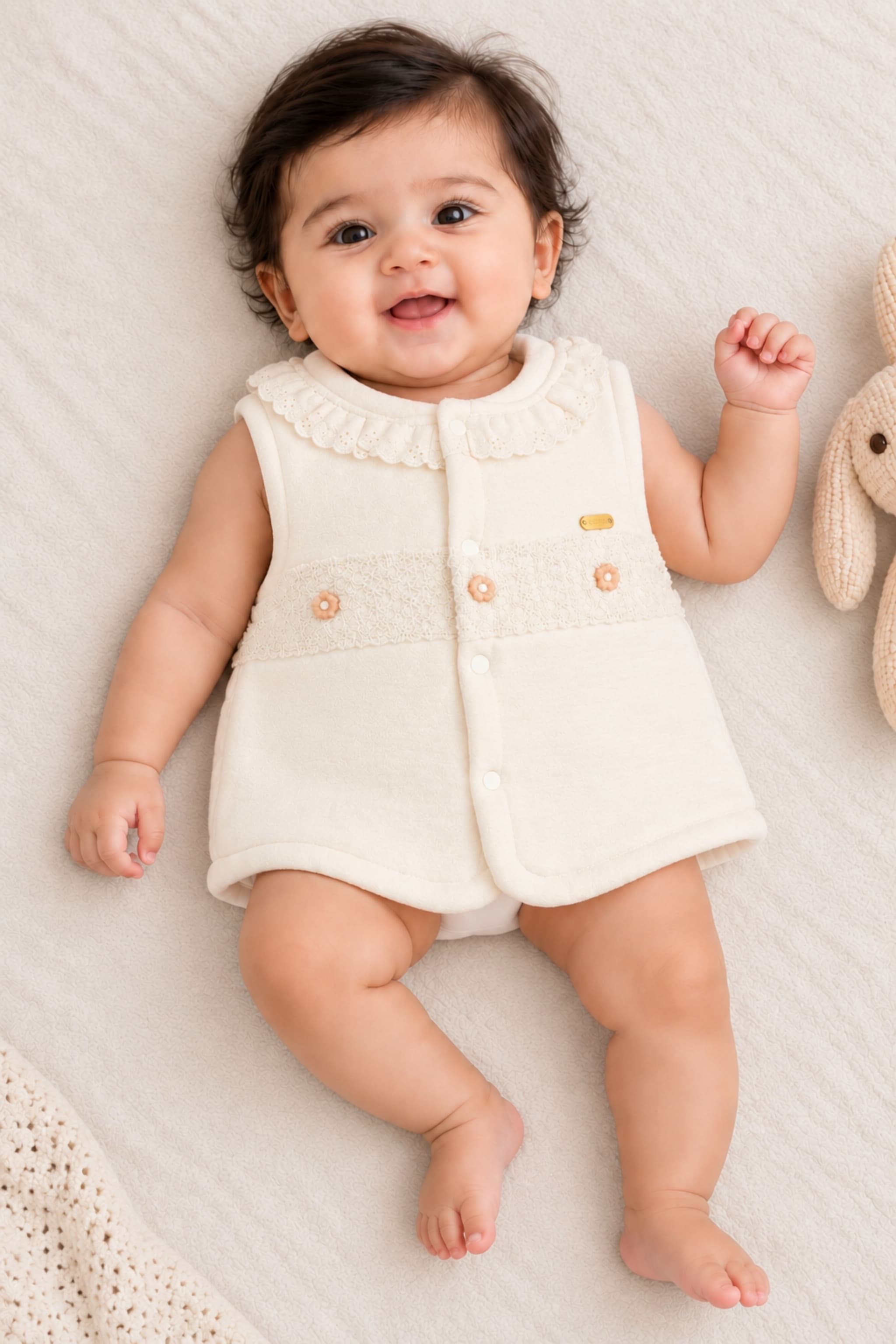PEPPY ORANGE Baby Unisex Cream Vest | Sleeveless Jacket with Lace Collar & Floral Embellishment