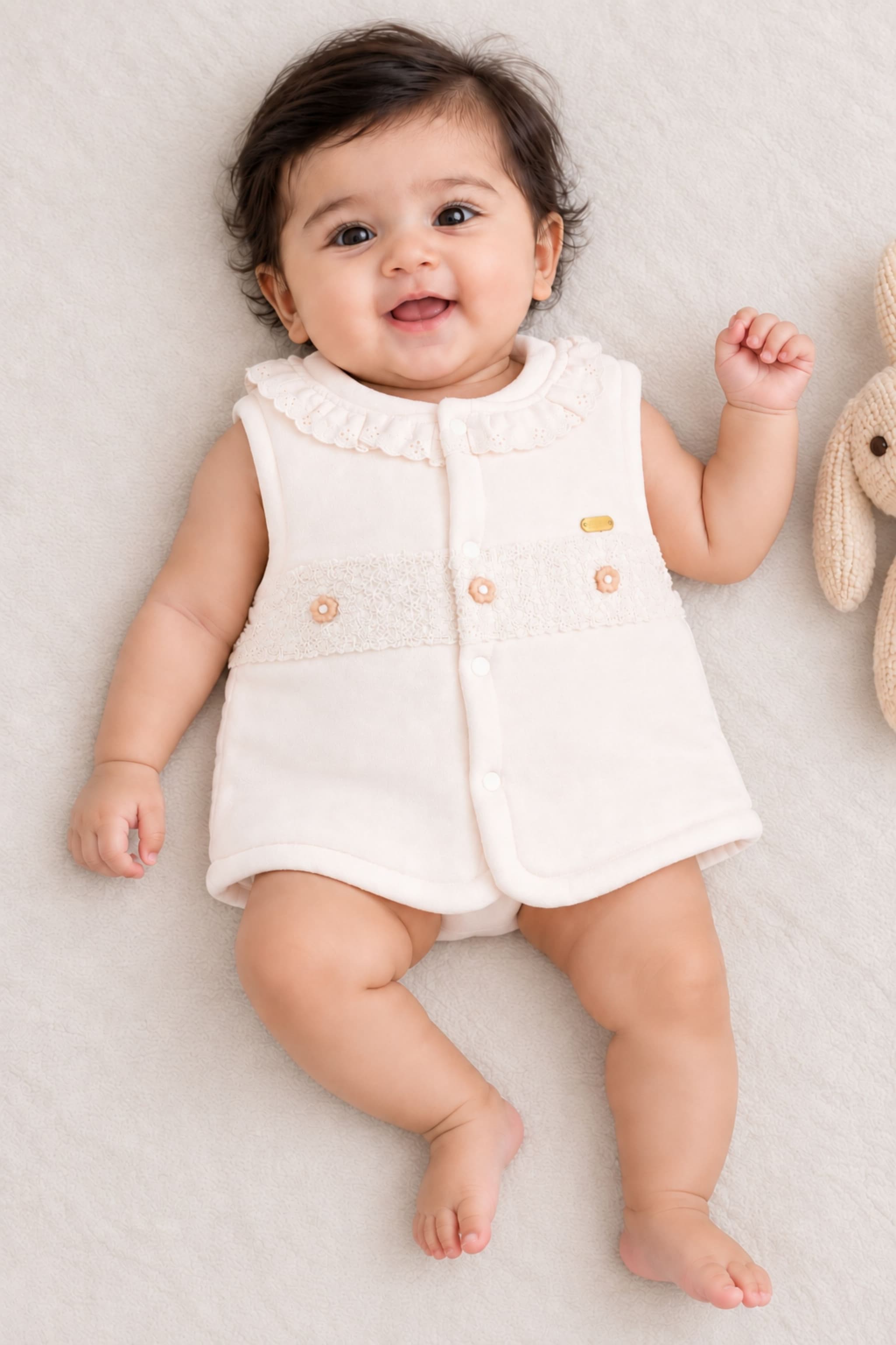 PEPPY ORANGE Baby Unisex Light Peach Vest | Sleeveless Jacket with Lace Collar & Floral Detail