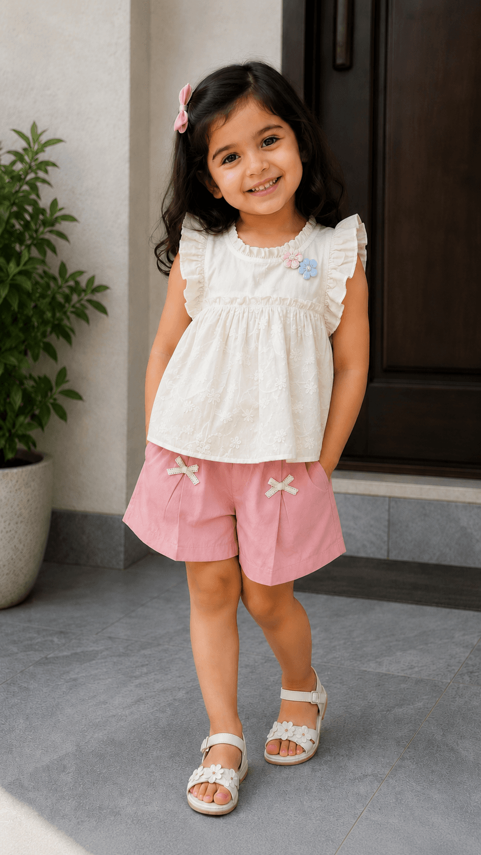 Baby Girls Embroidered Top & Shorts Set – Cream &Pink/Brown